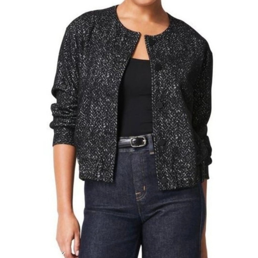 Spanx Ponte Bomber Herringbone Jacket Black White Large NWT Career Work Minimal